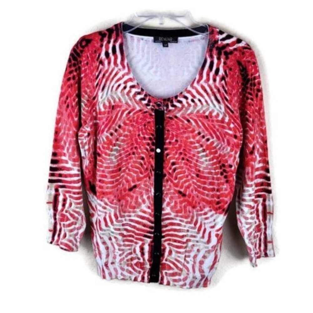 RENUAR Abstract Print Button Front Cardigan Sweater Small Red Black White